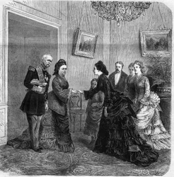 Handschlag zwischen Elisabeth de Mac Mahon (1834-1900) und der österreichischen Kaiserin Elisabeth de Wittelsbach (1837-1898) (Sissi) während des Besuchs des Präsidenten der Französischen Republik Patrice de Mac-Mahon (1808-1893) in Österreich. 1875. Gravu