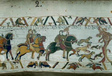 Harold, zukünftiger König von England, wurde von König Eduard dem Bekenner gesandt, um Wilhelm den Eroberer (1027-1087) zu informieren, dass er sein Nachfolger auf dem englischen Thron sein würde. Detail der Bayeux-Tapete oder Stickerei von Königin Mathild