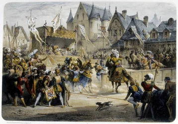 Henri II (1519 - 1559) tödlich verwundet von Montgomery während des Turniers am 29. Juni 1559, Rue St Antoine, vor dem Palais des Tournelles - Lithographie