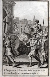 Heraklius I. (Flavius Heraklius, Herakleios (ca. 575-610/641), byzantinischer Kaiser, machte einen triumphalen Einzug in Konstantinopel. Er bestieg einen von vier Elefanten gezogenen Wagen und brachte das Wahre Kreuz (Heiliges Kreuz) mit, das ihm abgenomme