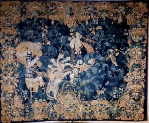 Herkules erschießt die Hydra von Lerna, die seinen Diener Iolas verbrennt. Wandteppich aus Wolle und Seide, anonym, spätes 16. Jahrhundert. Renaissance Nationalmuseum