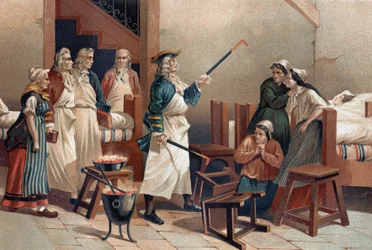 Hermann Leyde Boerhaave (1688-1738), niederländischer Arzt mit seinen Studenten vor den hysterischen Frauen des Leyde-Krankenhauses. Nach „La Ciencia y sus Hombres“ von Louis Figuier. Barcelona 1881