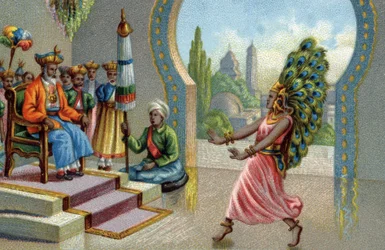 Hindu-Tänzerin geschmückt mit Pfauenfedern, Chromolithographie des 19. Jahrhunderts