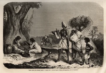 Hindu-Typen verschiedener Kasten, eine Familie von Vaysias (Händlern), am Fuße des Baumes, zwei Frauen der Sudra-Kaste