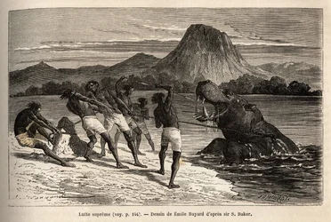 Nilpferdjagd mit dem Houarti-Stamm, mit Harpunen und Speeren, das wütende Tier lädt und widersteht. Gravur zur Illustration der Erforschung der abessinischen Nebenflüsse des Nils, von Sir Samuel W. Baker, 1861-62, veröffentlicht in „Le tour du monde“