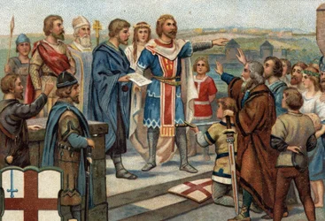 Historische Episoden berühmter Städte: Alfred der Große (849-899) gibt London seinen früheren Einwohnern zurück (886), der „Frieden von Alfred und Guthrum“ markierte den Sieg der Angelsachsen gegen die Dänen (Wikinger). Chromolithographie des 19. Jahrhunde