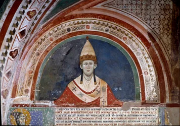 Geschichte von Franz von Assisi: Darstellung von Papst Innozenz III., der die Bulle zeigt, die die Franziskanerregel 1210 bestätigt