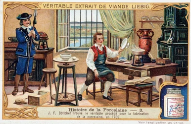Geschichte des Porzellans: Johann Friedrich Böttger (Böttcher oder Böttiger) (1682-1719) findet 1709 die wahre Methode zur Herstellung von Porzellan - Liebig-Chromolithografie