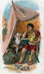 Geschichte des Lebens von Achilles, legendärer Held des Trojanischen Krieges: Der alte weise Nestor überzeugt Patroklos, den Freund von Achilles, an seiner Stelle gegen die Stadt Troja zu kämpfen. Chromolithografie von 1890.