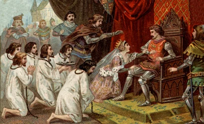 Hundertjähriger Krieg. Die Bürger von Calais: Hingabe von Eustache de St. Pierre und seinen Gefährten an König Edward III. von England, flehen um Gnade, unterstützt von Königin Philippa von Hennegau (1311-1369). Chromolithographie aus dem späten 19. Jahrhu