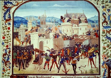 Hundertjähriger Krieg: Die Plünderung der Stadt Aubenton in der Picardie durch Graf Jean de Hainaut im Jahr 1340. Miniatur aus „Chroniken“ von Jean Froissart