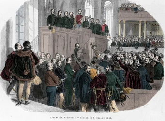 Ungarische Revolution von 1848: Erste Sitzung der Nationalversammlung in Ungarn am 5. Juli 1848. Gravur in „Ungarn Historique von J. Boldenyi Paris 1853“