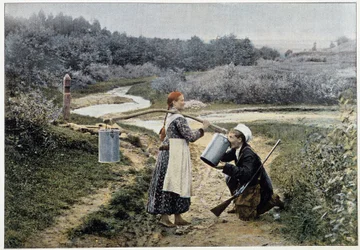 Jäger und Mädchen am Brunnen (Russland) - Fotografie, Ende 19. Jahrhundert