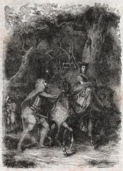 Hypalca wird von Rodomont festgenommen - Gravur von 1851 aus „Furioser Roland“ (Orlando furioso) (16. Jahrhundert) von Ludovico Ariosto, bekannt als der Ariosta - Ausgabe übersetzt aus dem Italienischen von Graf von Tressan und veröffentlicht von Gustave H