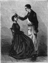 Hypnosephänomene: Hypnose durch Fixieren eines Bleistifthalters zwischen den Augen. Gravur von 1881.