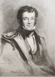 IRVING, Washington (1783-1859). US-amerikanischer Romanautor und Historiker. Porträt gemacht in Sevilla (1828). Lithographie.