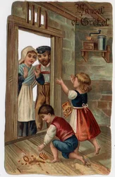 Illustration für das Märchen der Brüder Grimm „Hänsel und Gretel“: Hänsel und Gretel kehrten nach Hause zurück und gaben ihren Eltern die Juwelen, die sie hatten. Chromolithographie aus dem späten 19. Jahrhundert