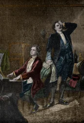 Illustration aus dem Drama „Mozart und Salieri“ von Alexander Puschkin, geschrieben 1830 - Antonio Salieri eifersüchtig auf Wolfgang Amadeus Mozart