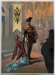 Illustration von „Ernani“ des italienischen Komponisten Giuseppe Verdi (1813-1901), Akt 4, Szene IV, Oper, die 1844 nach der Tragödie „Hernani“ von Victor Hugo geschaffen wurde. Chromolithographie aus dem späten 19. Jahrhundert.