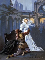 Illustration von „Ernani“ des italienischen Komponisten Giuseppe Verdi (1813 - 1901), Akt II, Szene 4, Oper uraufgeführt 1844 nach Victor Hugos Tragödie „Hernani“. Chromolithographie des späten 19. Jahrhunderts.