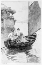 Illustration von „Rot und Schwarz“ von Stendhal. 1830. Julien Sorel und Madame de Renal auf einem Segelboot dargestellt. Gravur aus dem späten 19. Jahrhundert