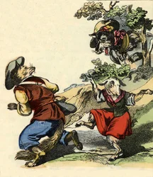 Illustration des Märchens „Bon Médor und das kleine Zicklein“. In „Märchen aus dem Heim für die Kleinen“. Anonyme Gravur des 19. Jahrhunderts.