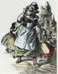 Illustration des Märchens „Gute Mutter Schaf“. In „Märchen aus dem Heim für die Kleinen“. Anonyme Gravur des 19. Jahrhunderts