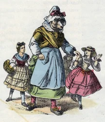 Illustration des Märchens „Gute Mama Schaf“. In „Tales from the home for the little ones“. Anonyme Gravur des 19. Jahrhunderts