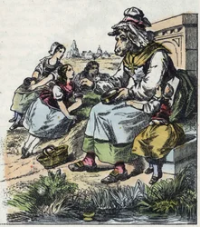 Illustration des Märchens „Gute Mama Schaf“. In „Tales from the home for the little ones“. Anonyme Gravur des 19. Jahrhunderts
