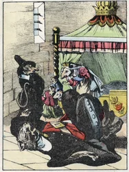 Illustration des Märchens „Der schreckliche Raminagrobis und die Mäuse“ nach einer Fabel von Jean de La Fontaine. In „Märchen aus dem Heim für die Kleinen“. Anonyme Gravur aus dem 19. Jahrhundert
