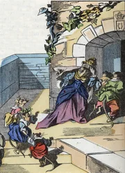 Illustration des Märchens „Der schreckliche Raminagrobis und die Mäuse“ nach einer Fabel von Jean de La Fontaine. In „Märchen aus dem Heim für die Kleinen“. Anonyme Gravur aus dem 19. Jahrhundert