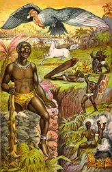 Illustration mit imaginären Monstern aus Afrika mit dem Titel „Afrikanische Aberglauben illustriert“ (Zyklop, Einhorn...), um 1889