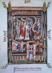 Im Zentrum von Saint Denis, vor dem Gouverneur Fescennius, beauftragt vom Kaiser Diokletian, den heiligen Denis zu exekutieren, einen Christen, der nach Paris kam, um zu evangelisieren, begleitet von Eleuthere, dem Priester, und Rustique, dem Diakon, ebenf