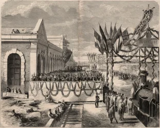 Einweihung der Eisenbahn von Toulouse nach Sete im Jahr 1857. Gravur in „Le Monde illustrious“ von 1857. Private Sammlung.