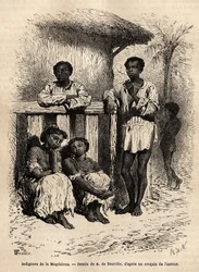 Einheimische des Magdalena (Flüsse), in den Straßen der Stadt Mompox (Kolumbien). Gravur zur Illustration der Reise nach Neugranada, von Dr. Saffray, 1869, veröffentlicht in „Le tour du monde“ 1872, herausgegeben von Edouard Charton, Hachette-Edition