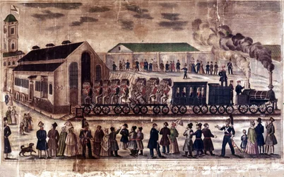 Industrielle Revolution: Einweihung der Eisenbahnstrecke Moskau-St. Petersburg, 7. Mai 1847. Gravur des 19. Jahrhunderts