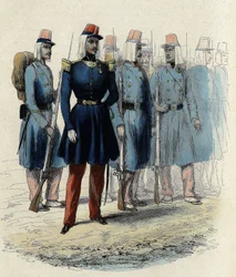 Infanterie der französischen Armee im Jahr 1830 in Algerien, Offizier, Unteroffiziere und Soldaten, in „L