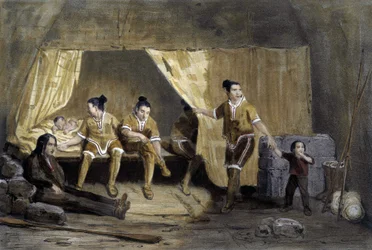 Innenansicht einer Eskimo-Box, Frederikshaab, Grönland - Lithografie