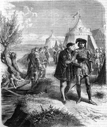 Interview zwischen König Ludwig XI. und dem Grafen von Charolais (Karl der Kühne, Herzog von Burgund (1433-1477) im September 1465. Gravur des 19. Jahrhunderts.