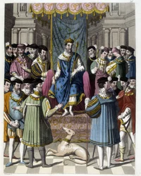 Interview mit Franz I. (1494 - 1547) und Heinrich VIII. (1491 - 1547) von England. Gravur des 19. Jahrhunderts.