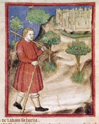 Jakob geht zu Laban nach Mesopotamien. Miniatur aus Codex 212 (oder Padovano oder Bibel von Padua) 1390-1400