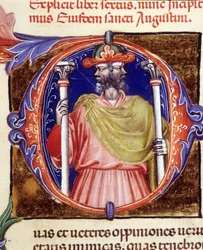 Janus, römische Gottheit, zwei entgegengesetzte Gesichter - aus einem Manuskript von „De civitate dei“ von Augustinus, frühes 15. Jahrhundert. Stadtbibliothek von Rimini