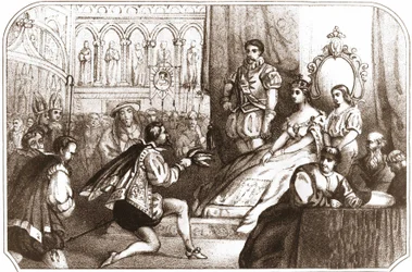 Jean Nicot präsentiert die Tabakpflanze Catherine de Medici und dem Großprior des Hauses Lothringen. Lithografie des 16. Jahrhunderts um 1868.