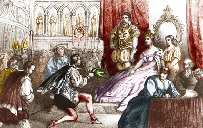 Jean Nicot präsentiert die Tabakpflanze Catherine de Medicis und dem Großprior des Hauses Lothringen. 16. Jahrhundert. Gravur aus dem 19. Jahrhundert