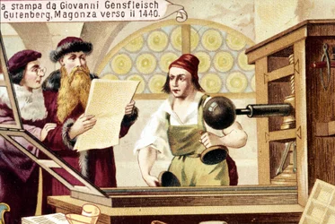 Johannes Gensfleisch Gutenberg (1400-1468). um 1440. Chromolithographie des 19. Jahrhunderts