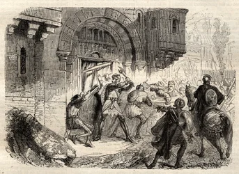 Johannes II. Komnenos, byzantinischer Kaiser - Der Kaiser Johannes II. Komnene (1087-1143) an der Spitze der Griechen, die das Tor seines Palastes in Konstantinopel öffnen - Gravur in „Illustrous Popular Dictionary“ - 1864 - von Joseph Decembre und Edmond 