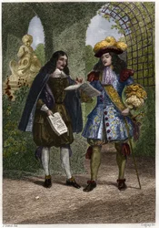 Jean-Baptiste Colbert (1619-1683) mit Ludwig XIV., König von Frankreich und Navarra (1638-1715). Gravur aus dem 19. Jahrhundert. Private Sammlung.