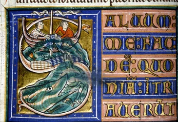 Jona wird ins Meer geworfen und von einem riesigen Fisch verschlungen. Manuskript aus dem 14. Jahrhundert. Stadtbibliothek von Vercelli