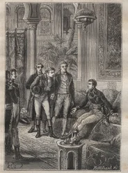 Reise (1798) von Frederic Conrad (Konrad) Hornemann (1772-1801) nach Fezzan (Libyen): Hornemann wird von Bonaparte in Kairo (Ägypten) empfangen - Illustration aus „Die großen Seefahrer des 18. Jahrhunderts“