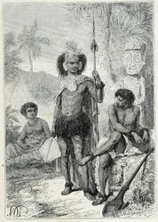 Reise von Kapitän James Cook (1728-1779): Eingeborene der Marquesas-Inseln - Illustration aus „Die großen Seefahrer des 18. Jahrhunderts“